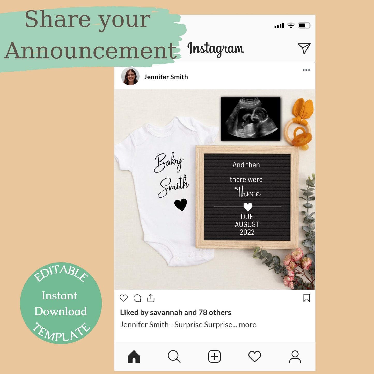 Social Media Pregnancy Announcement Template,  Custom Social Media Post, Neutral Announcement, Editable Instant Download