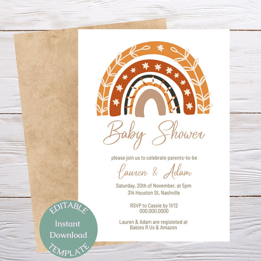 Rainbow Boho Baby Shower Invitation Template, Neutral Baby Shower Invite, Editable Digital Template, Instant download