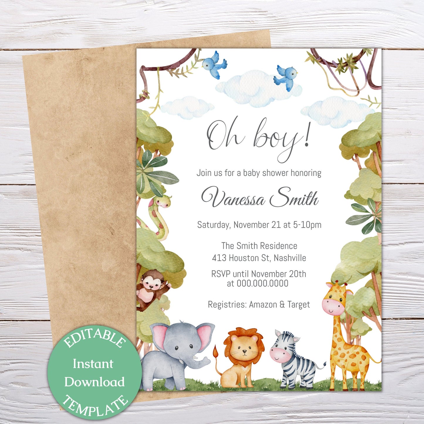 Jungle Baby Shower Invitation Template, Safari Greenery Jungle Animals Baby Shower, Editable Template, Instant Download