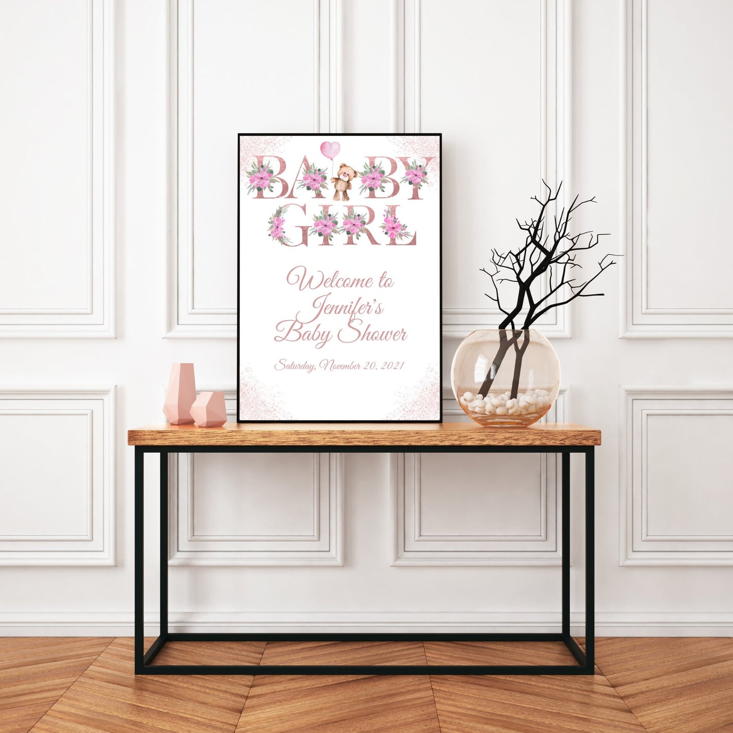 Baby Girl Bear Baby Shower Welcome Sign Template, Rose Gold Letters Baby Shower Sign, Editable Instant Download