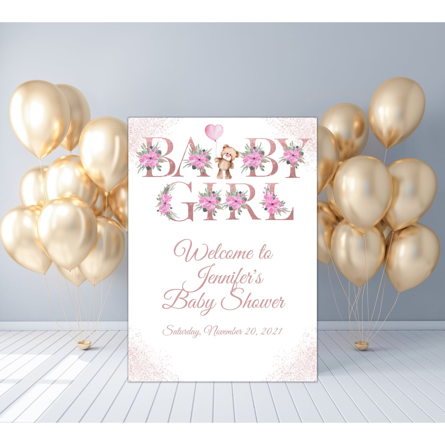 Baby Girl Bear Baby Shower Welcome Sign Template, Rose Gold Letters Baby Shower Sign, Editable Instant Download