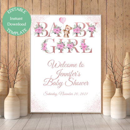 Baby Girl Bear Baby Shower Welcome Sign Template, Rose Gold Letters Baby Shower Sign, Editable Instant Download