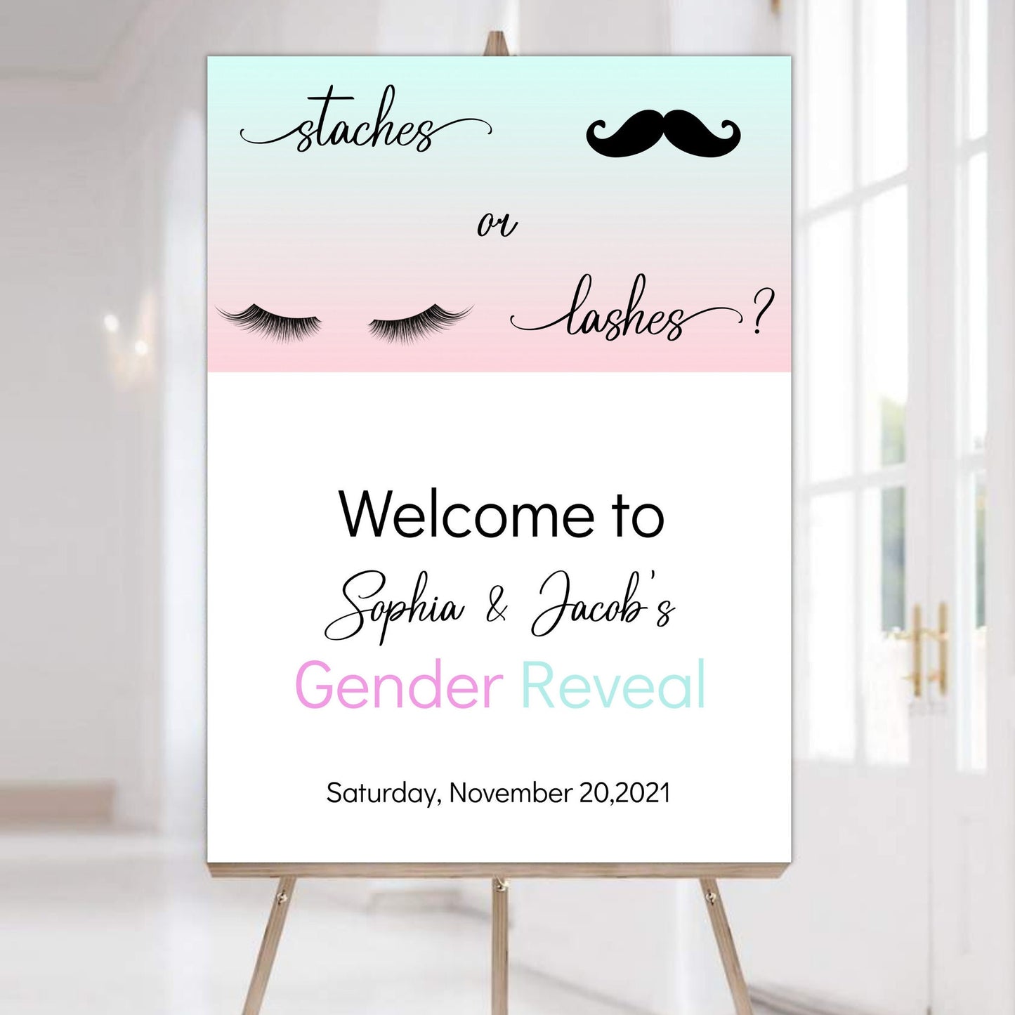 Gender Reveal Welcome Sign Template, Staches or Lashes Welcome Sign, He or She Gender Reveal, Editable Digital Download