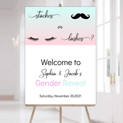 Gender Reveal Welcome Sign Template, Staches or Lashes Welcome Sign, He or She Gender Reveal, Editable Digital Download