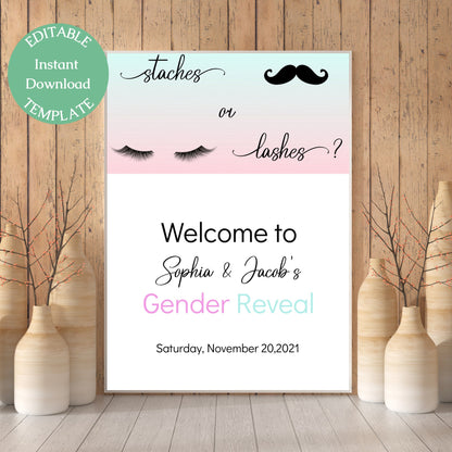 Gender Reveal Welcome Sign Template, Staches or Lashes Welcome Sign, He or She Gender Reveal, Editable Digital Download