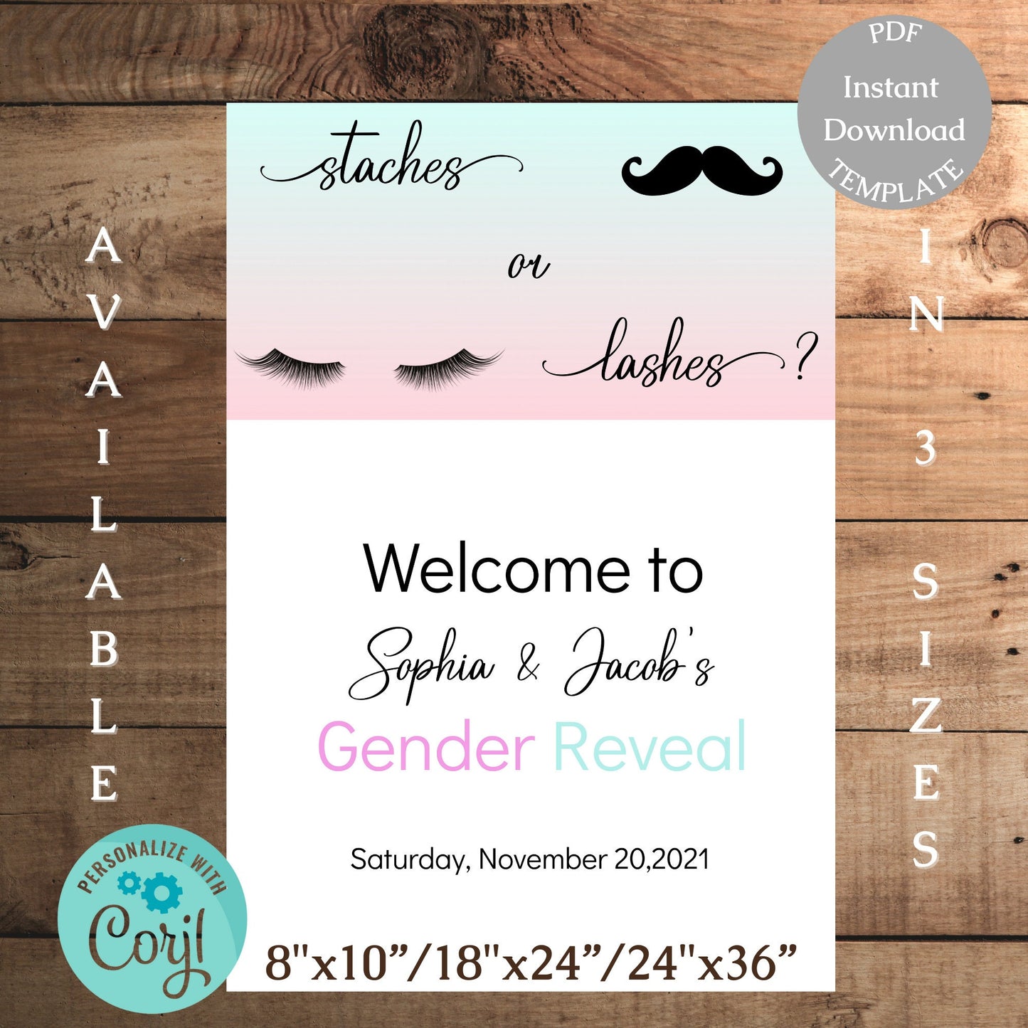 Gender Reveal Welcome Sign Template, Staches or Lashes Welcome Sign, He or She Gender Reveal, Editable Digital Download