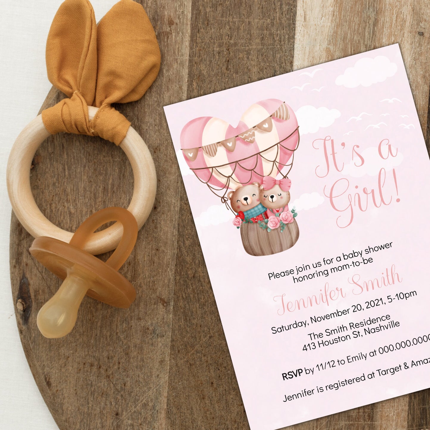 Hot Air Balloon Girl Baby Shower Invitation Template, Bear Girl Baby Shower Invite, Editable Template, Instant Download