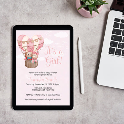 Hot Air Balloon Girl Baby Shower Invitation Template, Bear Girl Baby Shower Invite, Editable Template, Instant Download