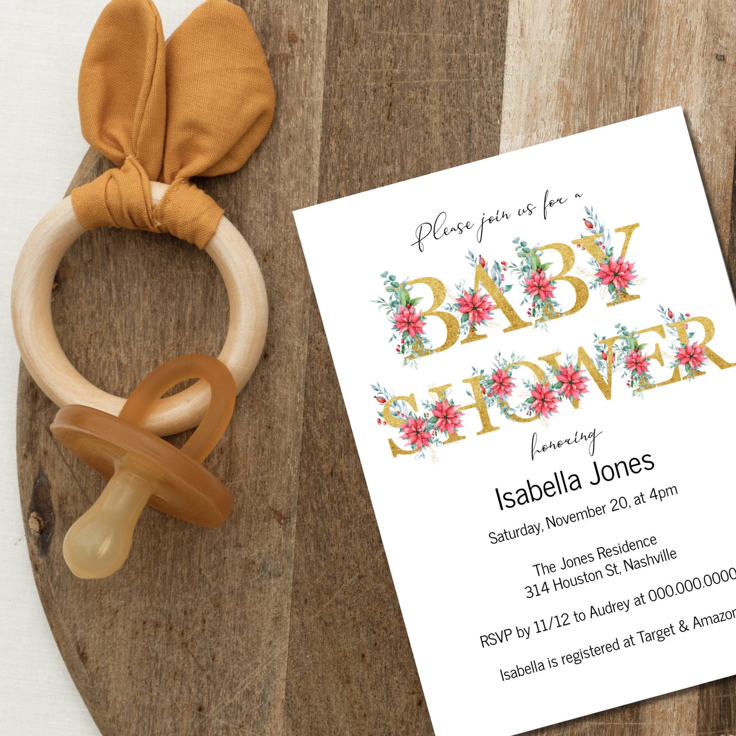 Floral Gold Baby Shower Invitation Template, Modern Girl Flowers Baby Shower Invite, Editable Template, Instant Download