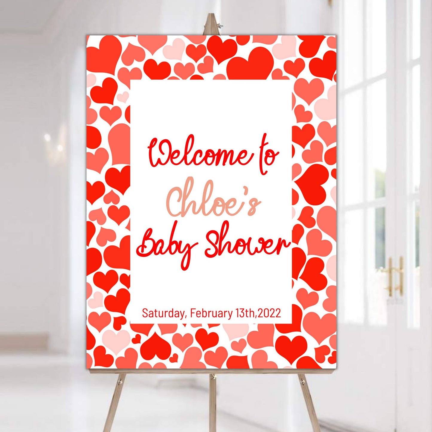 Valentines Baby Shower Welcome Sign Template, Sweetheart Red Pink Heart Baby Shower Sign, Editable Digital Download