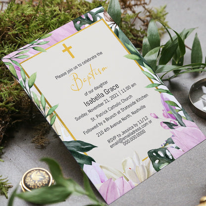 Floral Gold Baptism Invitation Template, Modern Girl Flowers Baptism Invite, Editable Template, Instant Download