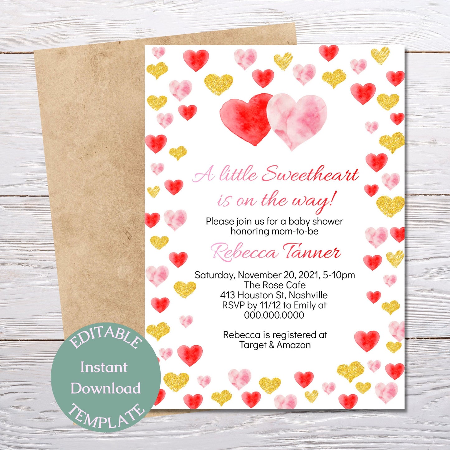 Valentine Baby Shower Invitation Template, Little Sweetheart Baby Shower, Hearts Invitation, Editable Digital Download