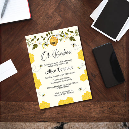 Bee Baby Shower Invitation Template, Oh Babee Honey Bees Baby Shower Invite, Editable Digital Template, Instant download