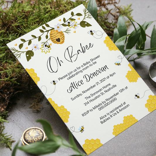 Bee Baby Shower Invitation Template, Oh Babee Honey Bees Baby Shower Invite, Editable Digital Template, Instant download