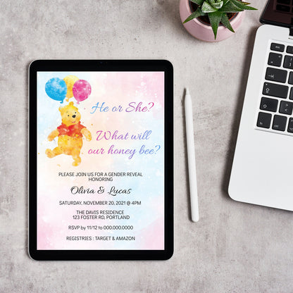 Winnie the Pooh Bear Gender Reveal Invitation Template, He or She Winnie Baby Shower, Editable Template, Instant Download