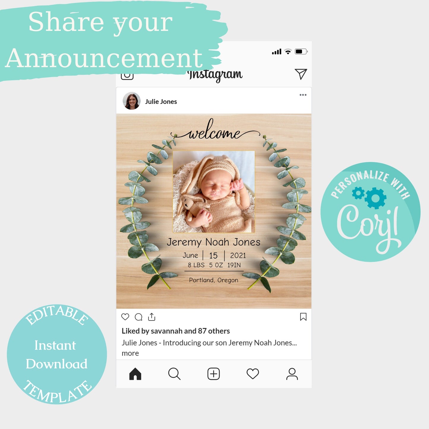 Eucalyptus Baby Birth Announcement Template, Greenery Social Media Post Birth Announcement, Editable Digital Download