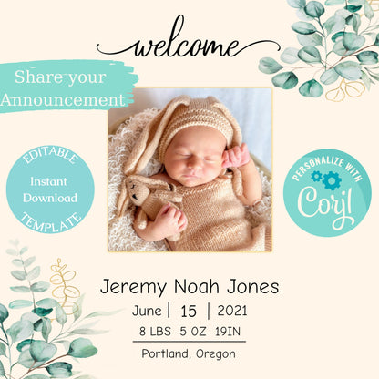 Greenery Baby Birth Announcement Template, Elegant Social Media Post Birth Announcement, Editable Digital Download