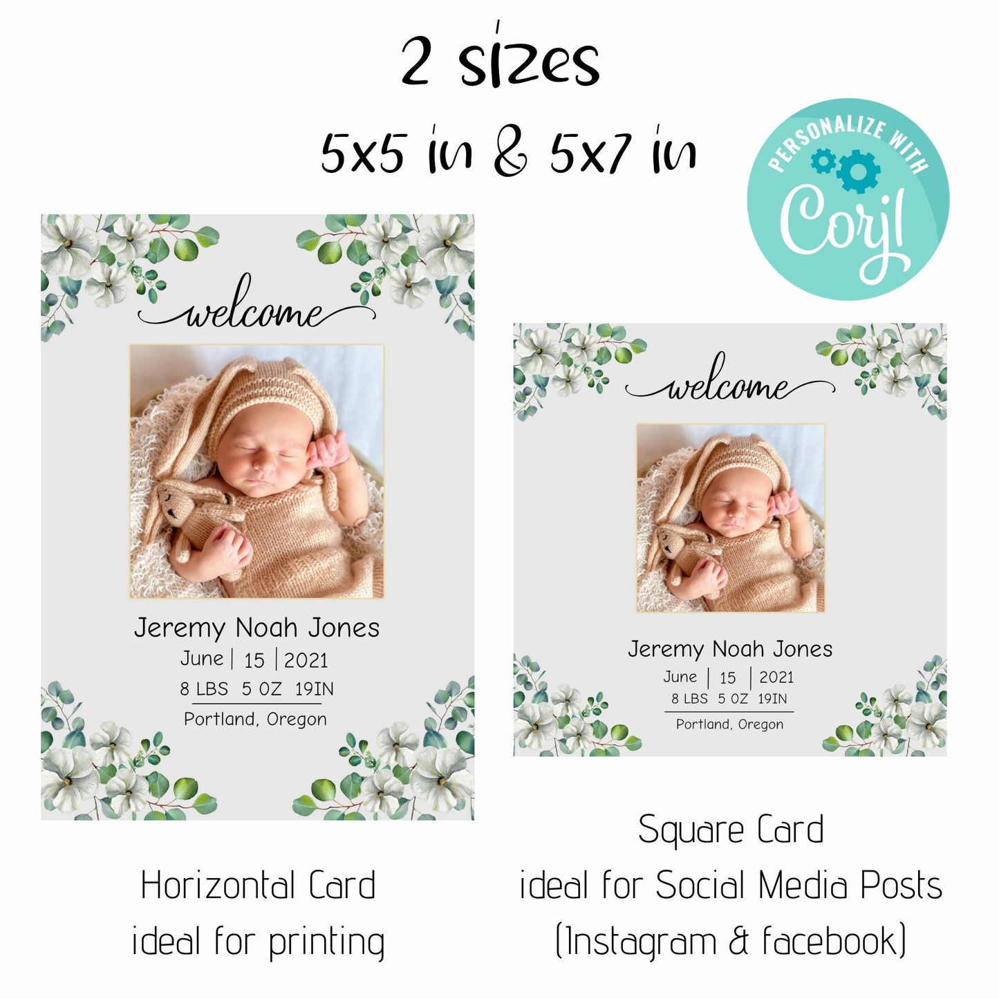 Elegant Baby Birth Announcement Template, Floral Social Media Post Birth Announcement, Editable Digital Download