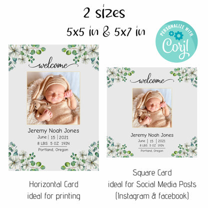 Elegant Baby Birth Announcement Template, Floral Social Media Post Birth Announcement, Editable Digital Download