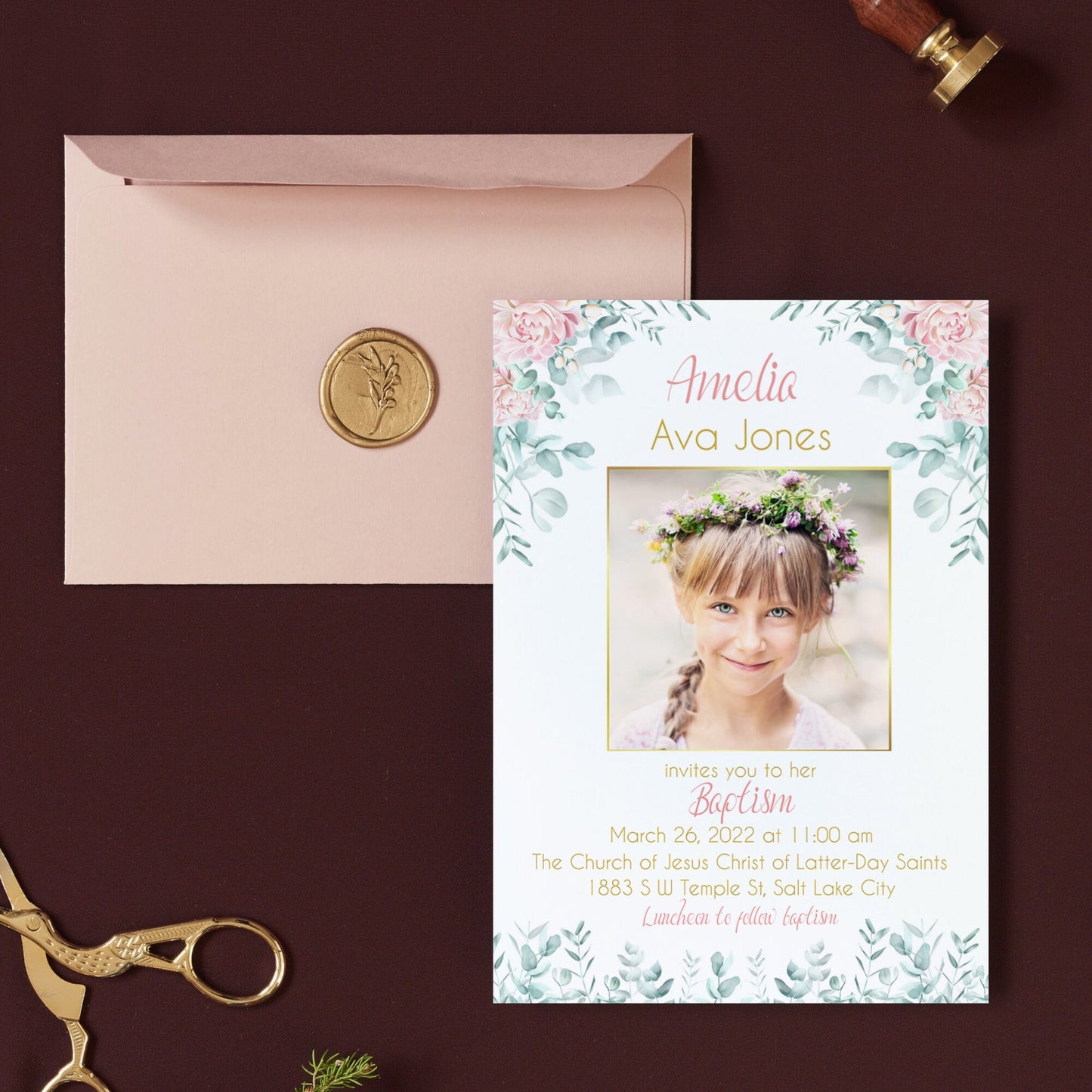 LDS Baptism Invitation, Floral Gold Baptism Invitation Girl, LDS Announcement, Editable Template, Instant Download