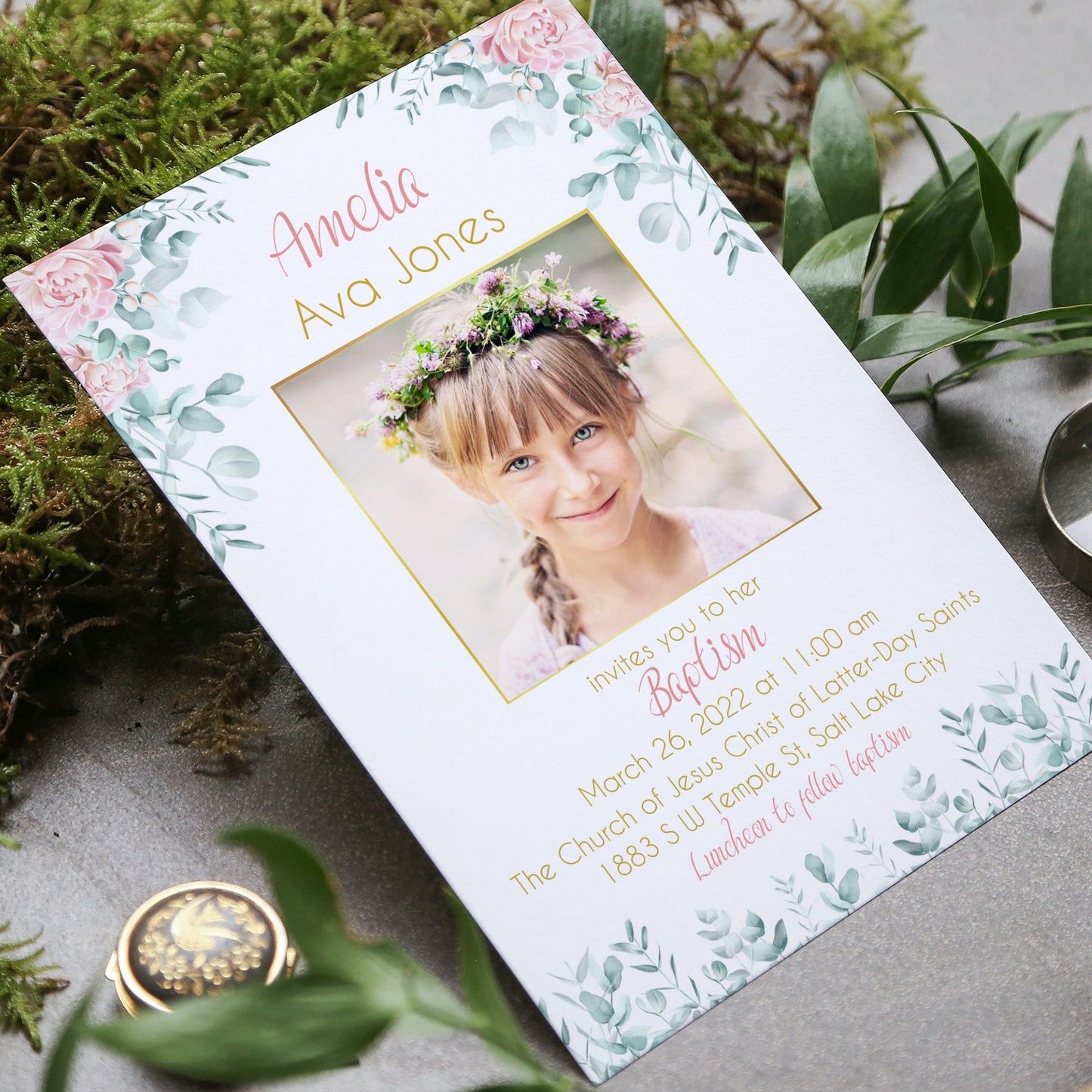 LDS Baptism Invitation, Floral Gold Baptism Invitation Girl, LDS Announcement, Editable Template, Instant Download