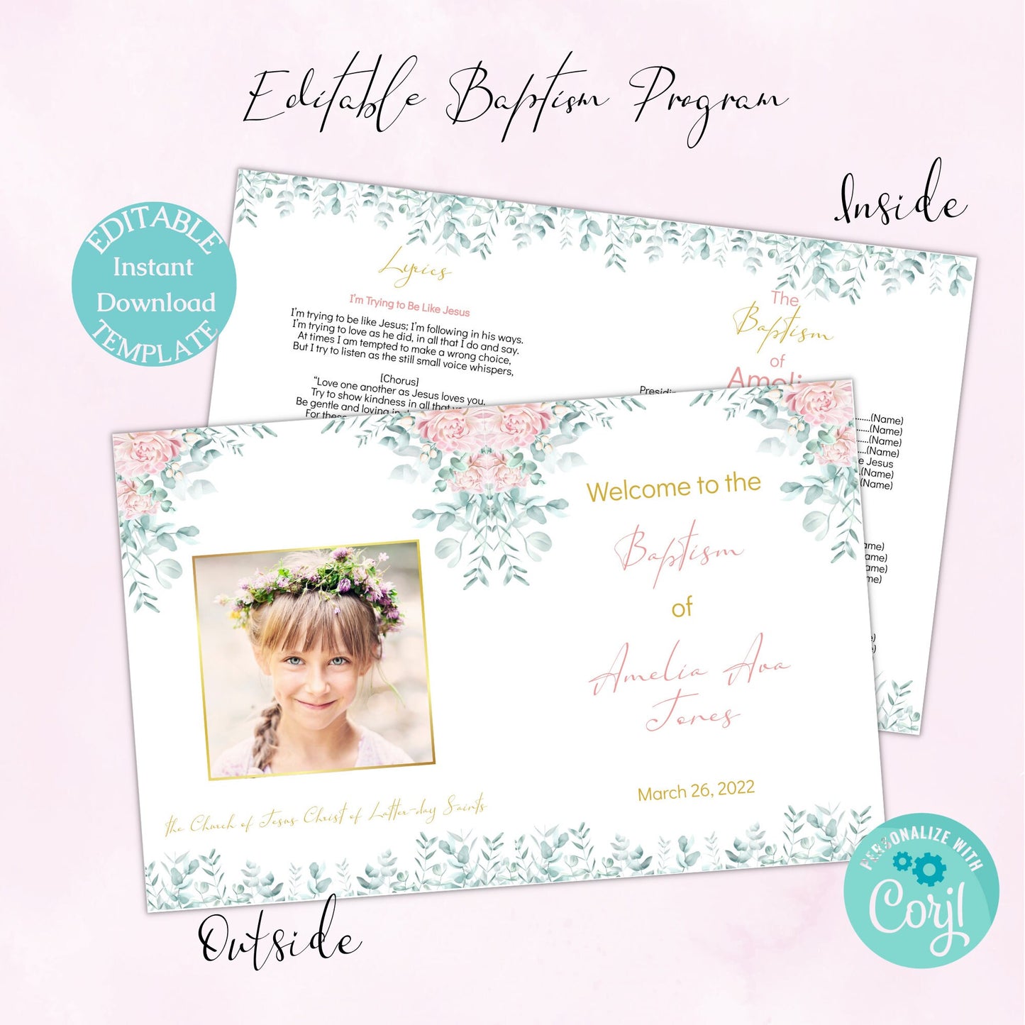 LDS Baptism Program, Floral Gold Baptism Program Girl, Editable Floral Program, Editable Template, Instant Download