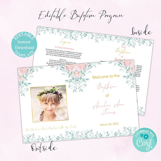 LDS Baptism Program, Floral Gold Baptism Program Girl, Editable Floral Program, Editable Template, Instant Download