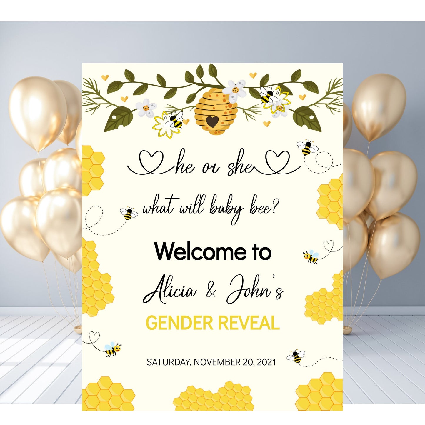 Bee Gender Reveal Welcome Sign Template, He or She, What Will It Bee Baby Shower, Editable Template, Instant Download