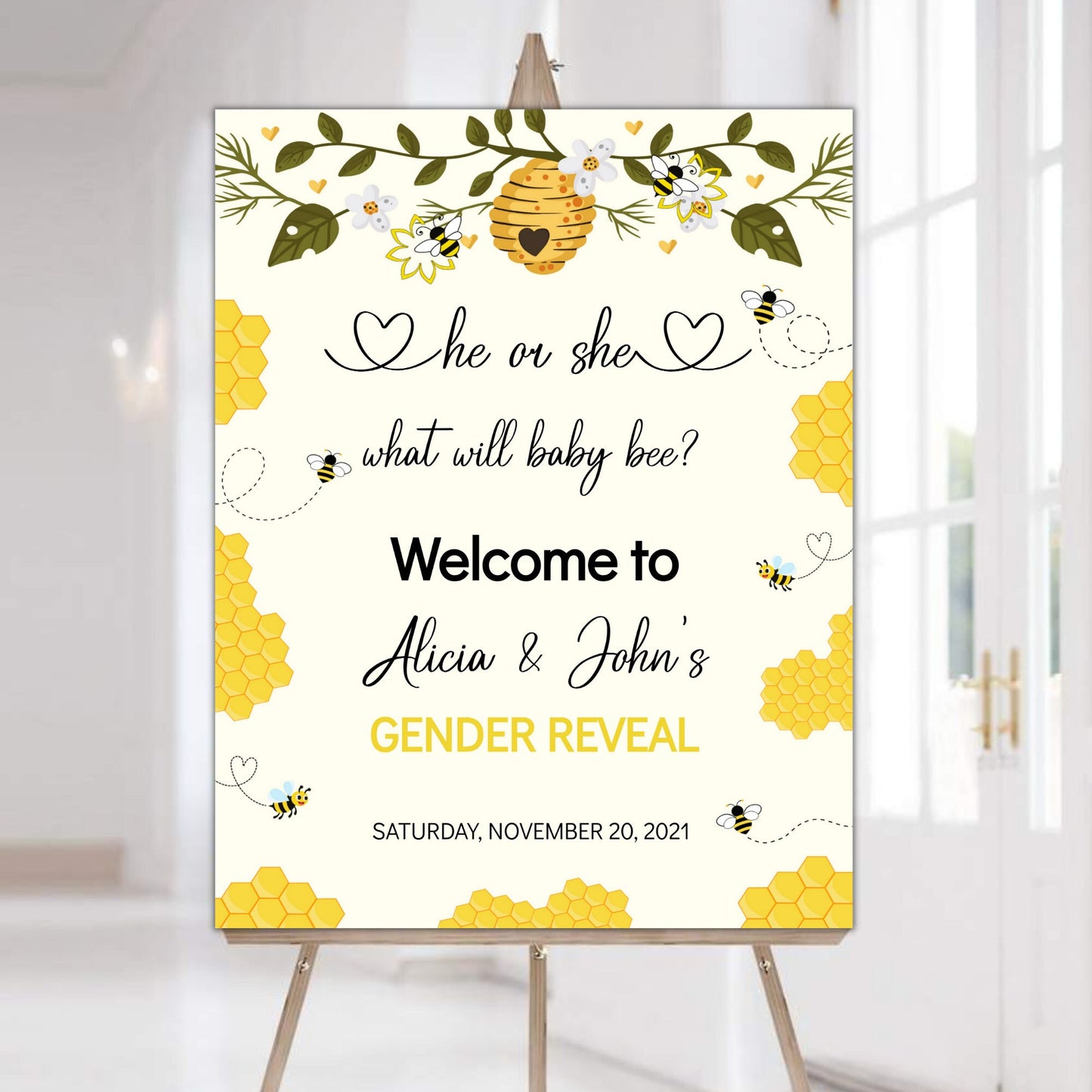 Bee Gender Reveal Welcome Sign Template, He or She, What Will It Bee Baby Shower, Editable Template, Instant Download