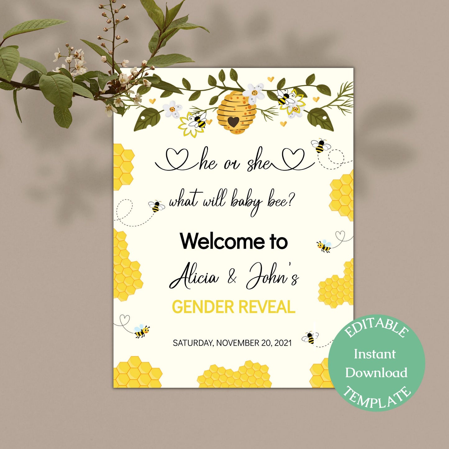 Bee Gender Reveal Welcome Sign Template, He or She, What Will It Bee Baby Shower, Editable Template, Instant Download