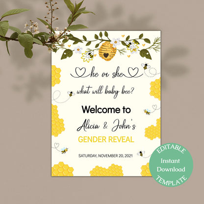 Bee Gender Reveal Welcome Sign Template, He or She, What Will It Bee Baby Shower, Editable Template, Instant Download