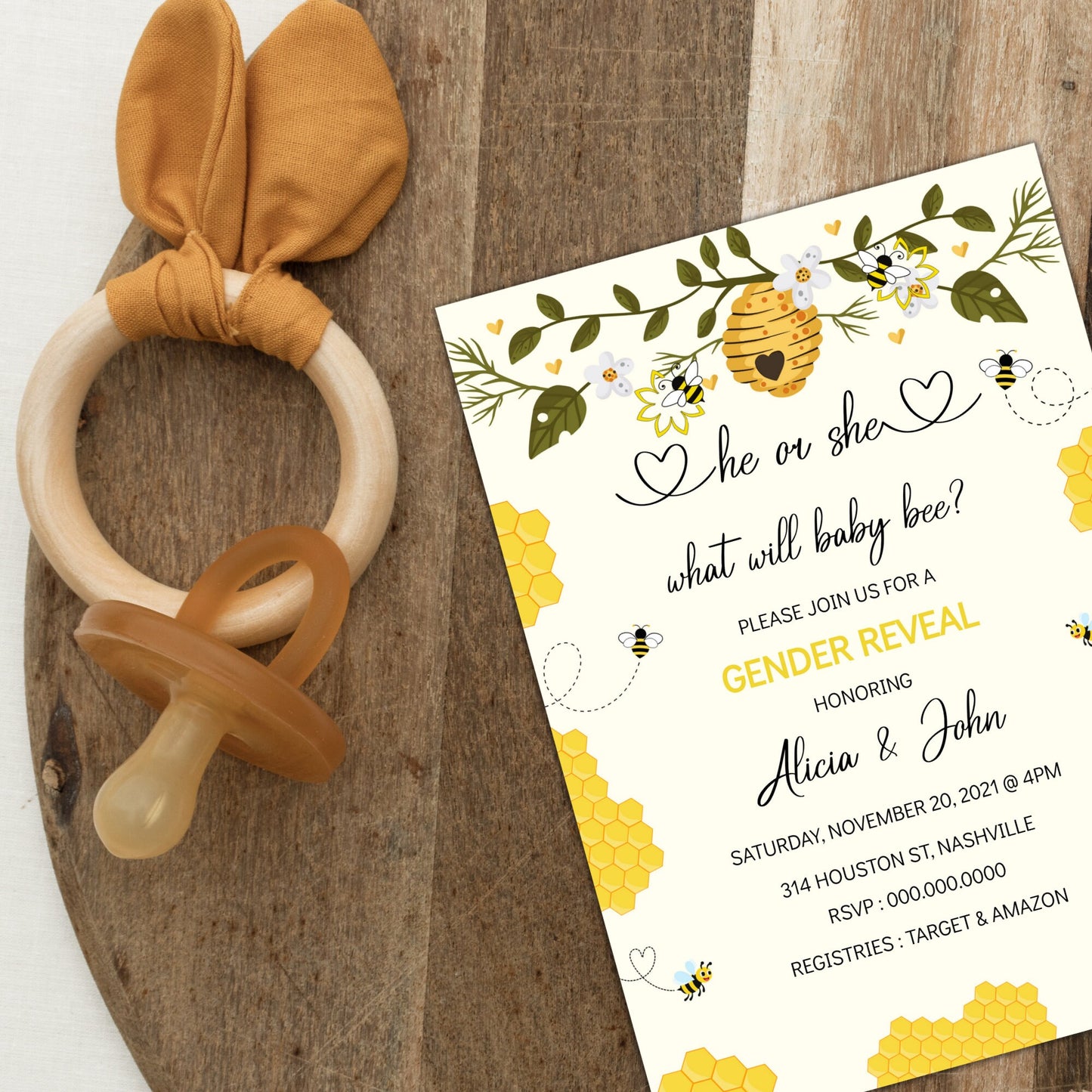 Bee Gender Reveal Invitation Template, He or She, What Will It Bee Baby Shower, Editable Template, Instant Download