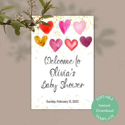 Valentines Baby Shower Welcome Sign Template, Sweetheart Red Pink Hearts Baby Shower Sign, Editable Digital Download