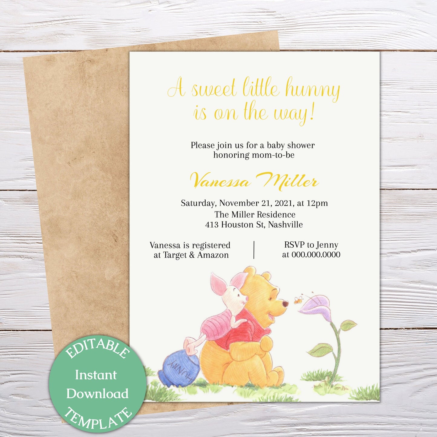 Winnie the Pooh Baby Shower Invitation Template, Winnie Invite, Honey Bee, Editable Digital Template, Instant download