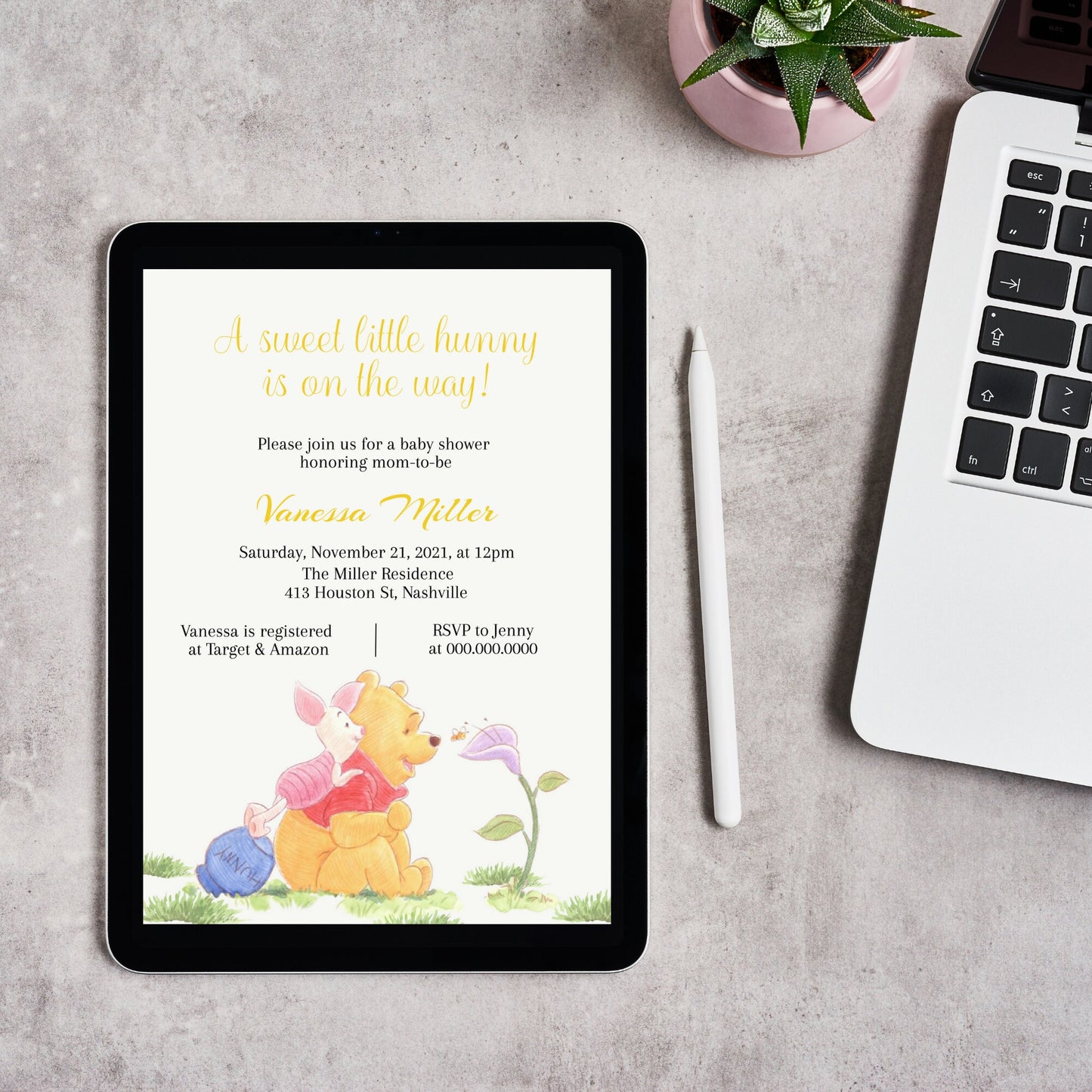 Winnie the Pooh Baby Shower Invitation Template, Winnie Invite, Honey Bee, Editable Digital Template, Instant download