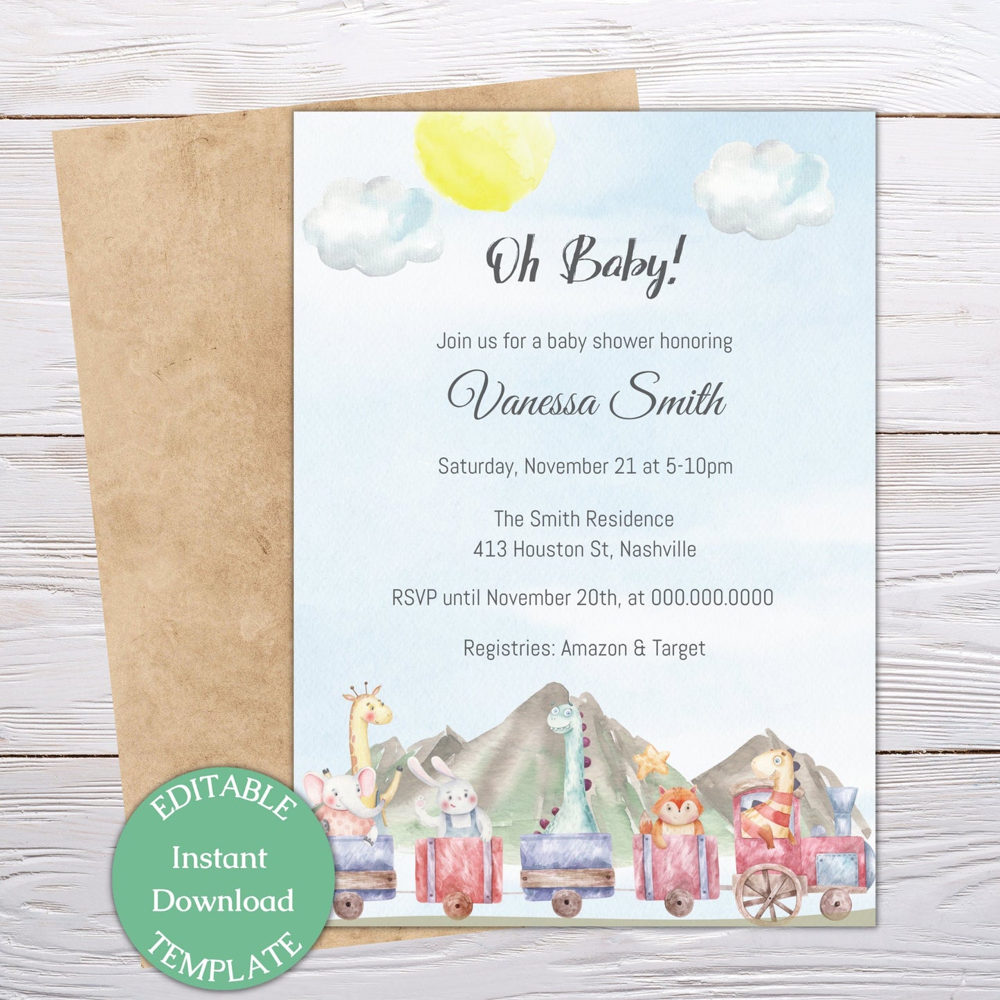 Dinosaur Train Baby Shower Invitation Template, Dino Animals Boy Invite, Editable Digital Template, Instant download