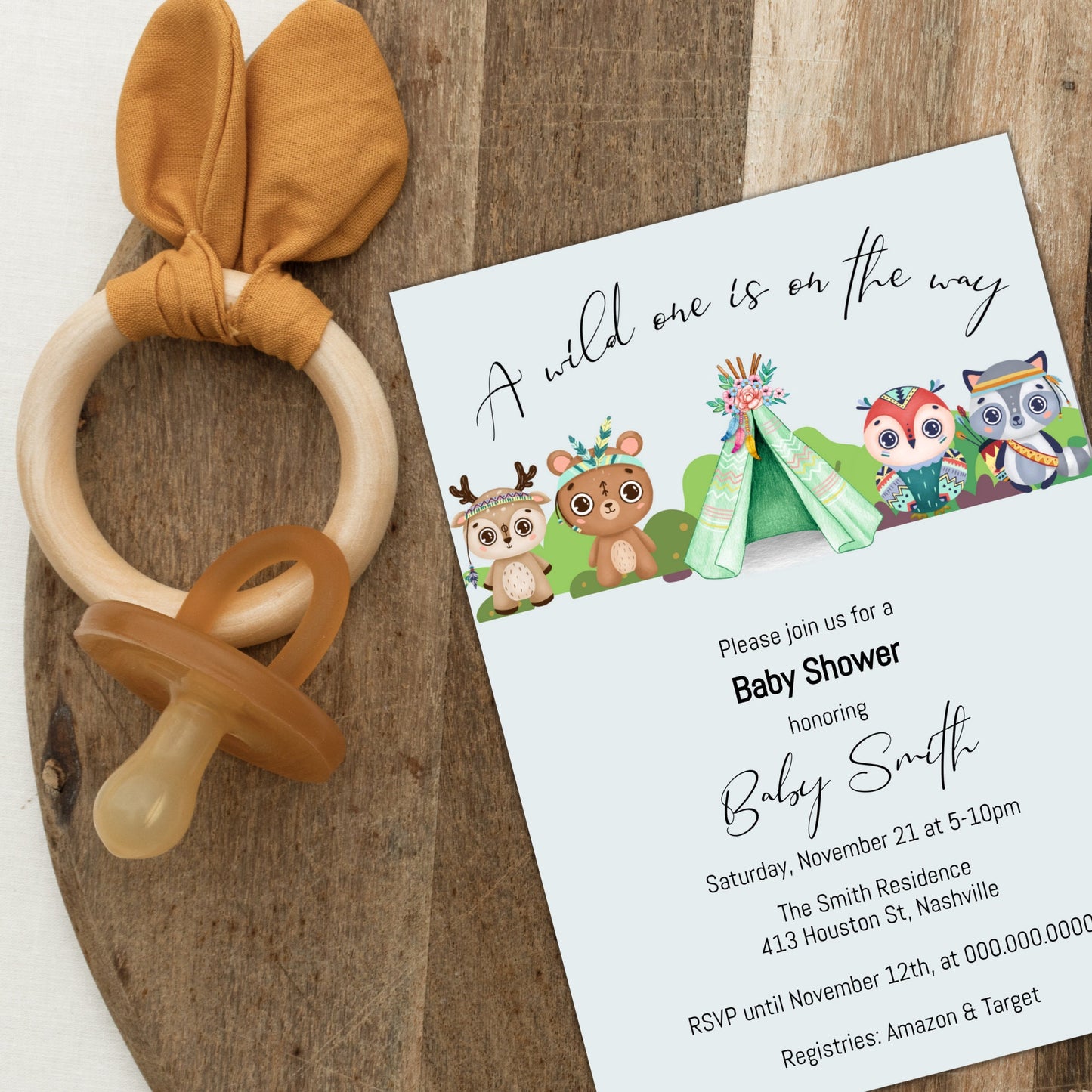 Tribal Boho Baby Shower Invitation Template, Wild Tribal Bohemian Animals, Editable Digital Template, Instant download