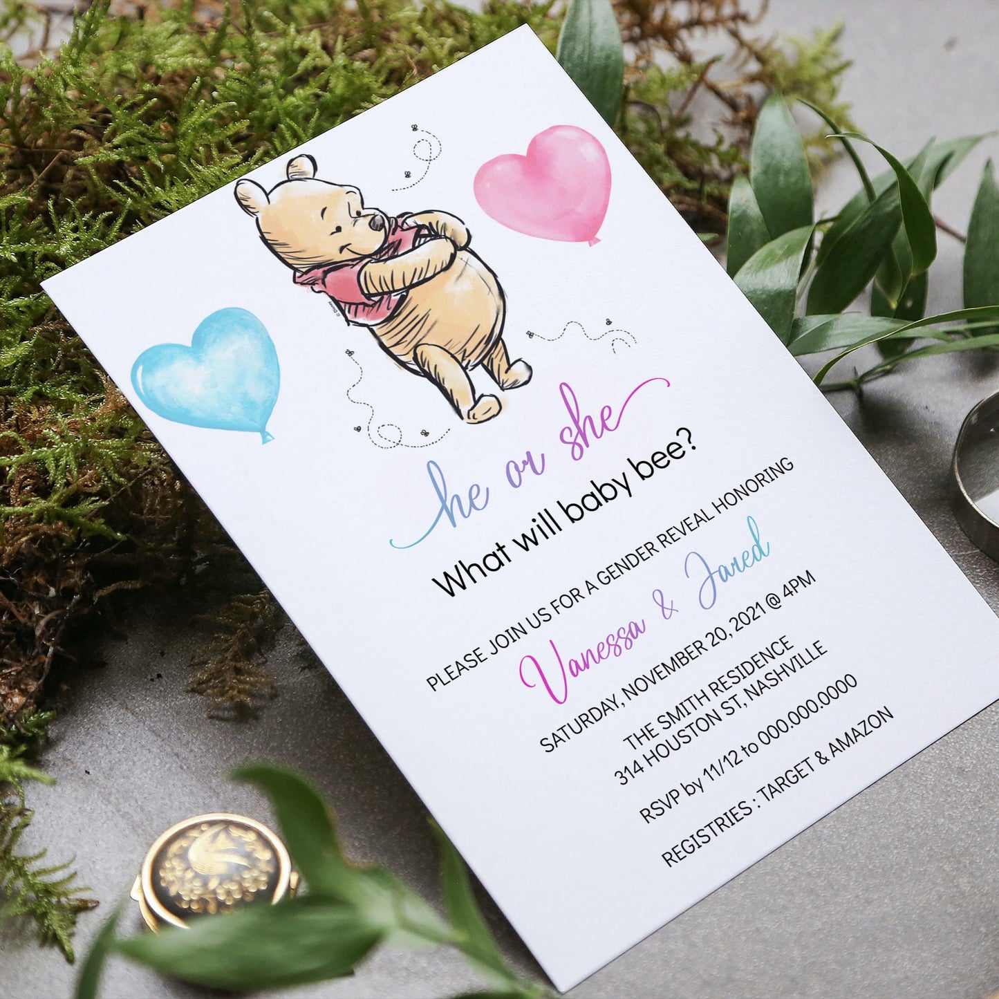 Winnie the Pooh Bear Gender Reveal Invitation Bundle, He or She Winnie Baby Shower, Editable Template, Instant Download