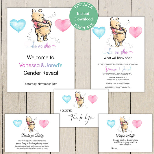 Winnie the Pooh Bear Gender Reveal Invitation Bundle, He or She Winnie Baby Shower, Editable Template, Instant Download