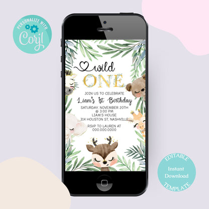 Safari Birthday Invitation, Wild One 1st Birthday Invite, Gold Jungle Animals invitations, Printable Template, Instant Download