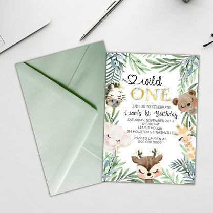 Safari Birthday Invitation, Wild One 1st Birthday Invite, Gold Jungle Animals invitations, Printable Template, Instant Download