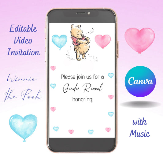 Winnie the Pooh Bear Gender Reveal Video Invitation, He or She Winnie Video Invite, Editable Template, Instant Download