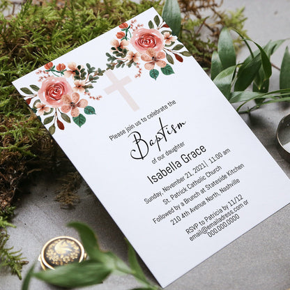 Floral Baptism Invitation Template, Modern Girl Flowers Baptism Invite, Editable Template, Instant Download