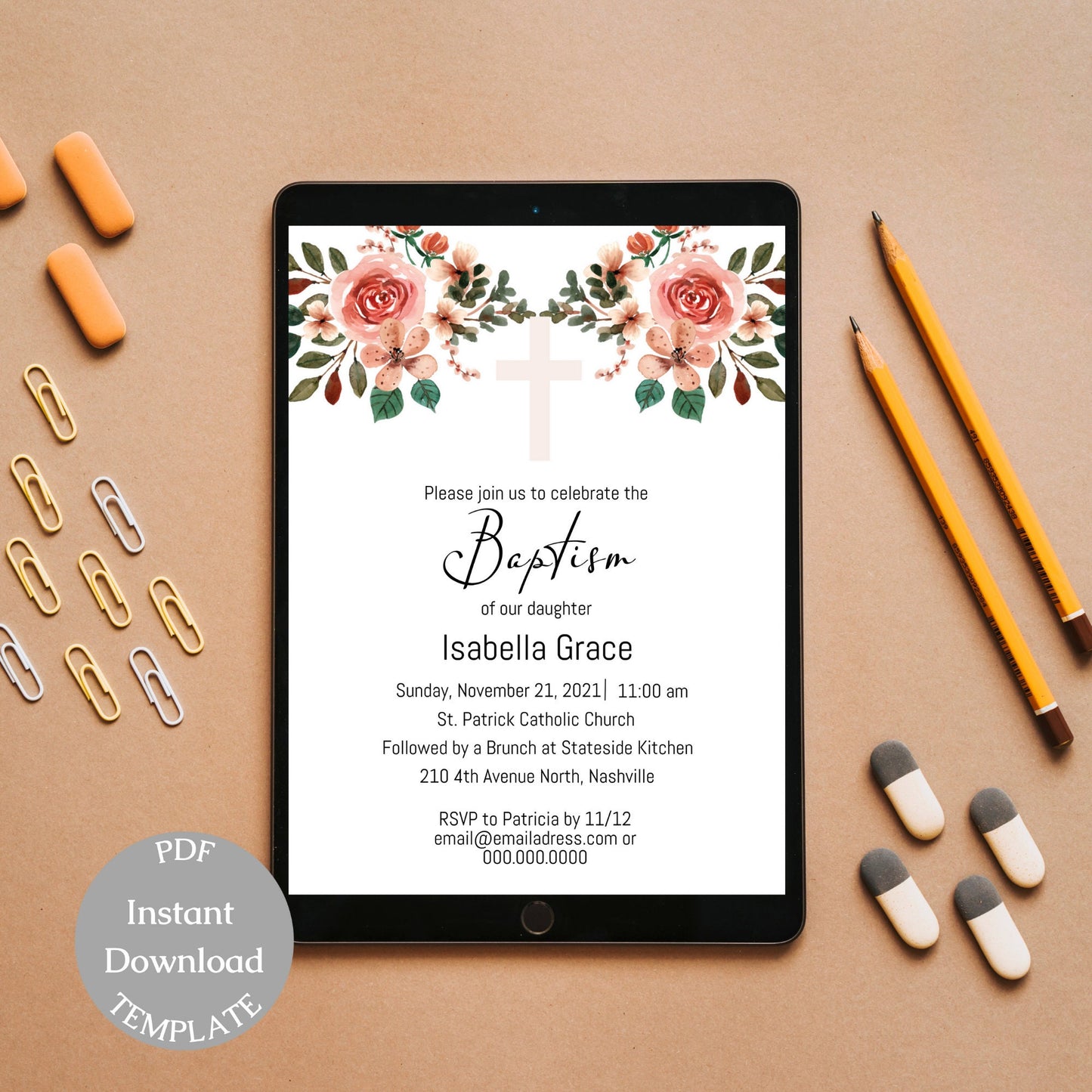 Floral Baptism Invitation Template, Modern Girl Flowers Baptism Invite, Editable Template, Instant Download