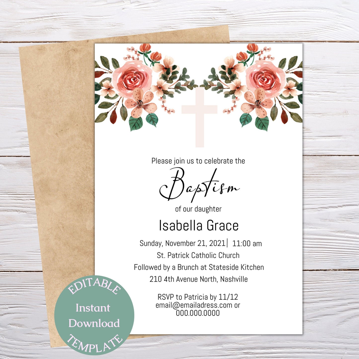 Floral Baptism Invitation Template, Modern Girl Flowers Baptism Invite, Editable Template, Instant Download