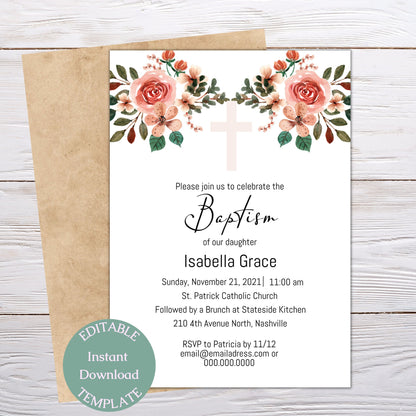 Floral Baptism Invitation Template, Modern Girl Flowers Baptism Invite, Editable Template, Instant Download