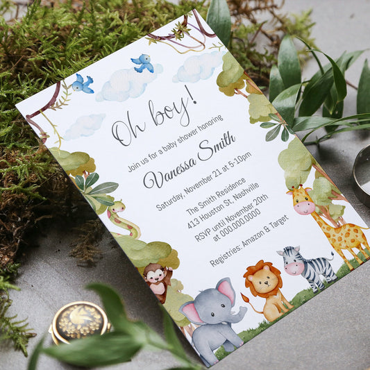 Jungle Baby Shower Invitation Template, Safari Greenery Jungle Animals Baby Shower, Editable Template, Instant Download