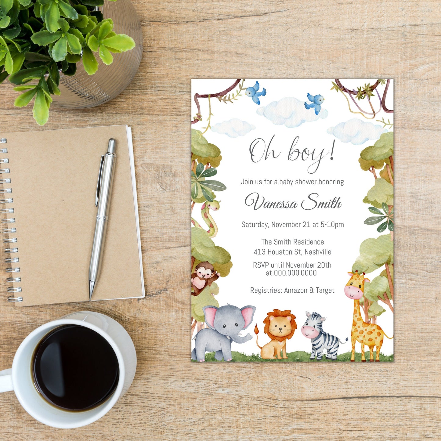 Jungle Baby Shower Invitation Template, Safari Greenery Jungle Animals Baby Shower, Editable Template, Instant Download