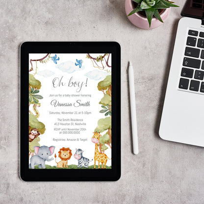 Jungle Baby Shower Invitation Template, Safari Greenery Jungle Animals Baby Shower, Editable Template, Instant Download