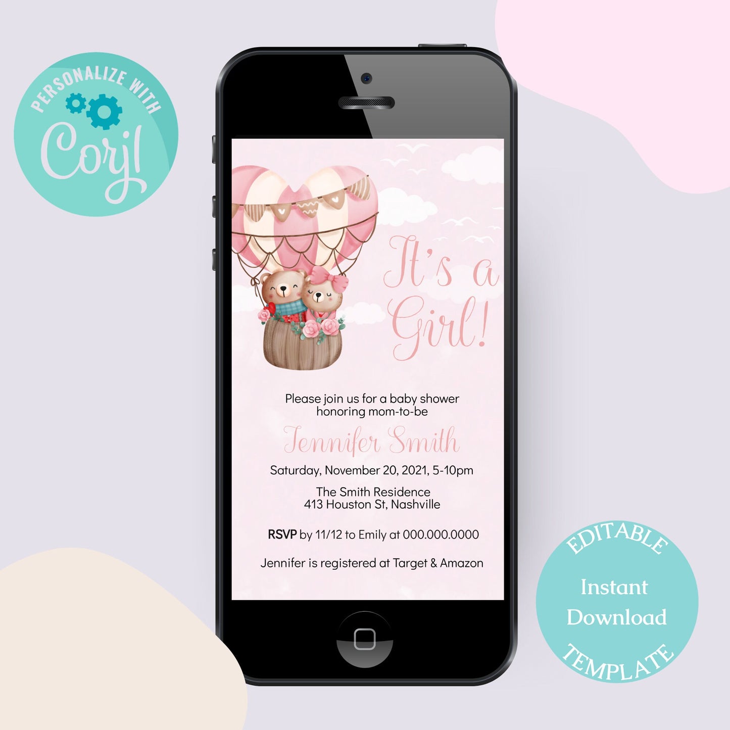 Hot Air Balloon Girl Baby Shower Invitation Template, Bear Girl Baby Shower Invite, Editable Template, Instant Download